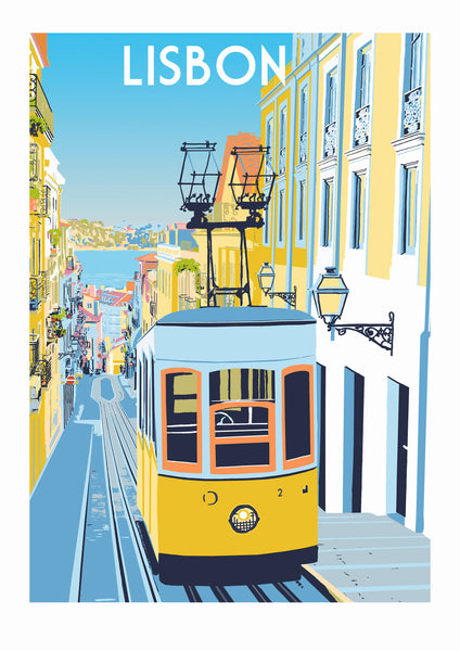Lisbon Art Print -  Yellow Tram on top of steep hill