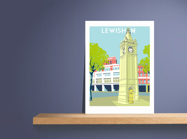 Lewisham Clocktower Art Print unframed on shelf