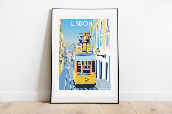 Lisbon Art Print Yellow Tram in black  frame on floor