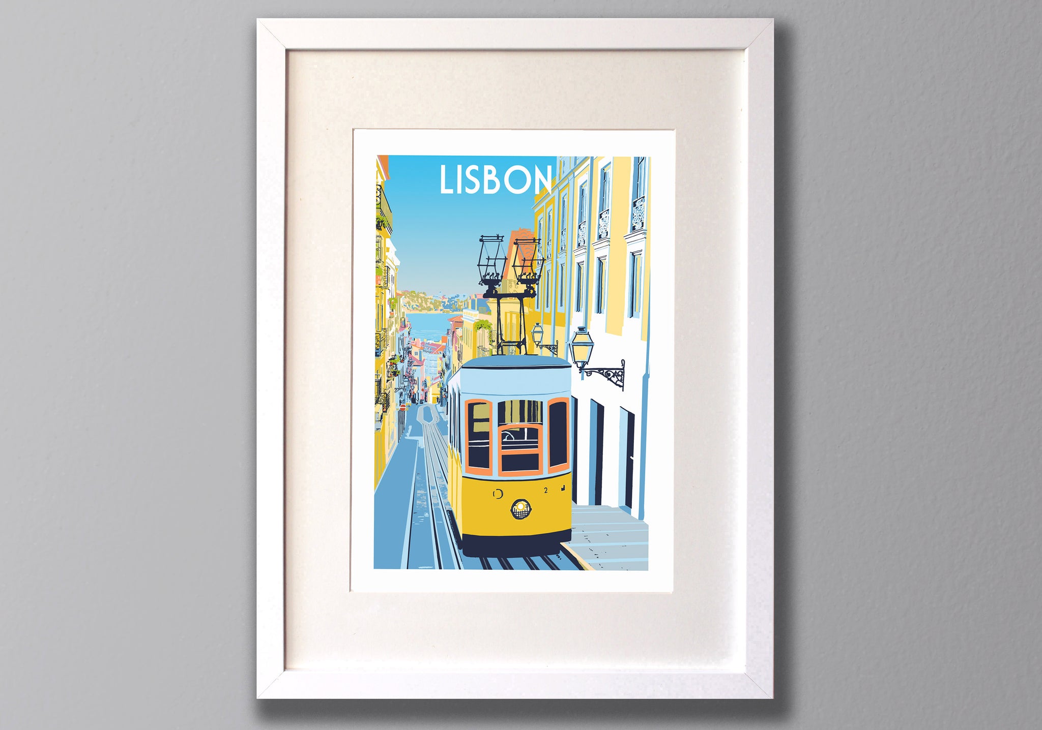 Lisbon Art Print Yellow Tram in white frame