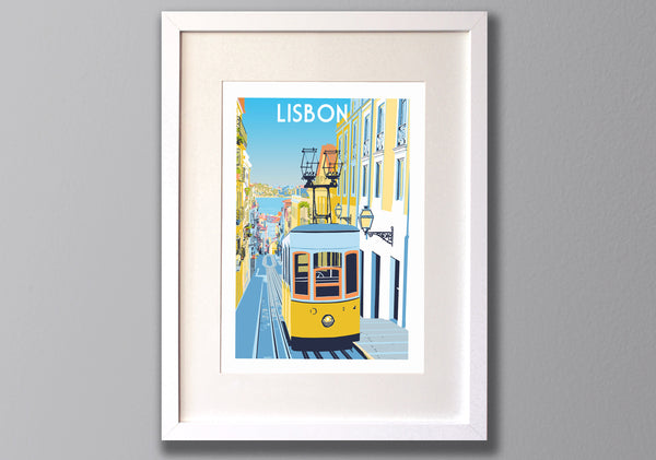 Lisbon Art Print Yellow Tram in white frame