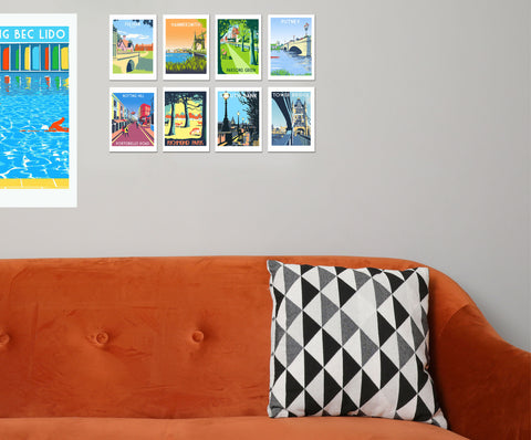 8 mini wall art prints above sofa