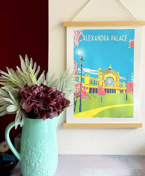 Alexandra Palace Art Print hanging magnetic frame with flowers