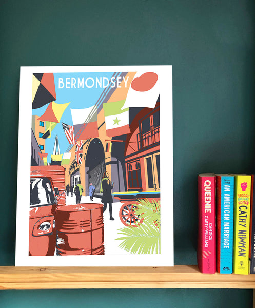 Bermondsey art print on shelf with books