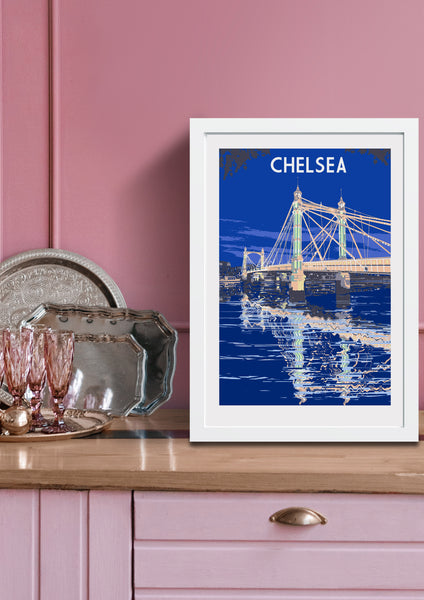 Framed Chelsea Albert Bridge Art Print in pink room