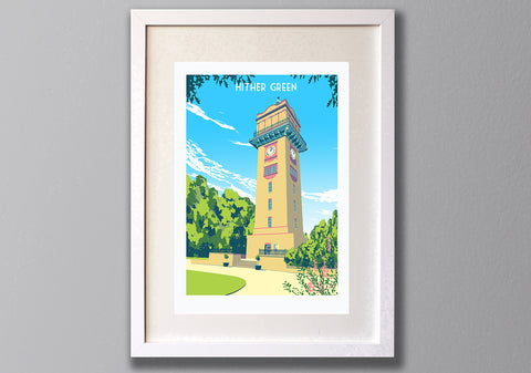 Hither Green clocktower art print framed