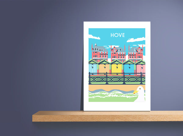 Hove  Print,  unframed resting on shelf by a mauve wall by Red Faces Prints
