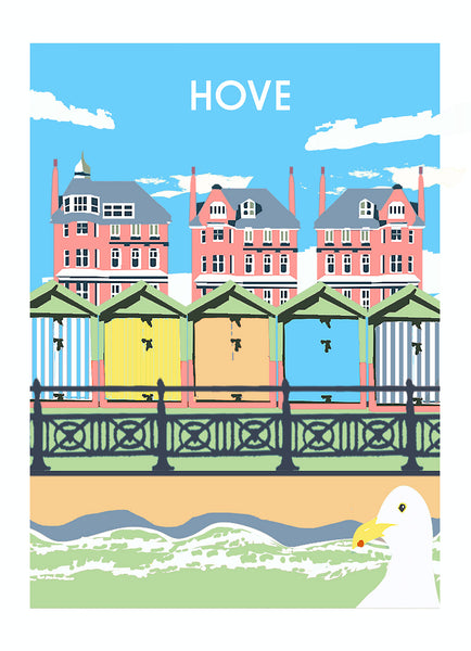 Hove  Print, featuring beach huts and railings, unframed by Red Faces Prints