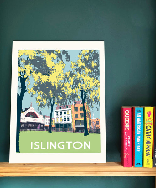 Islington Art Print A3 on shelf with books