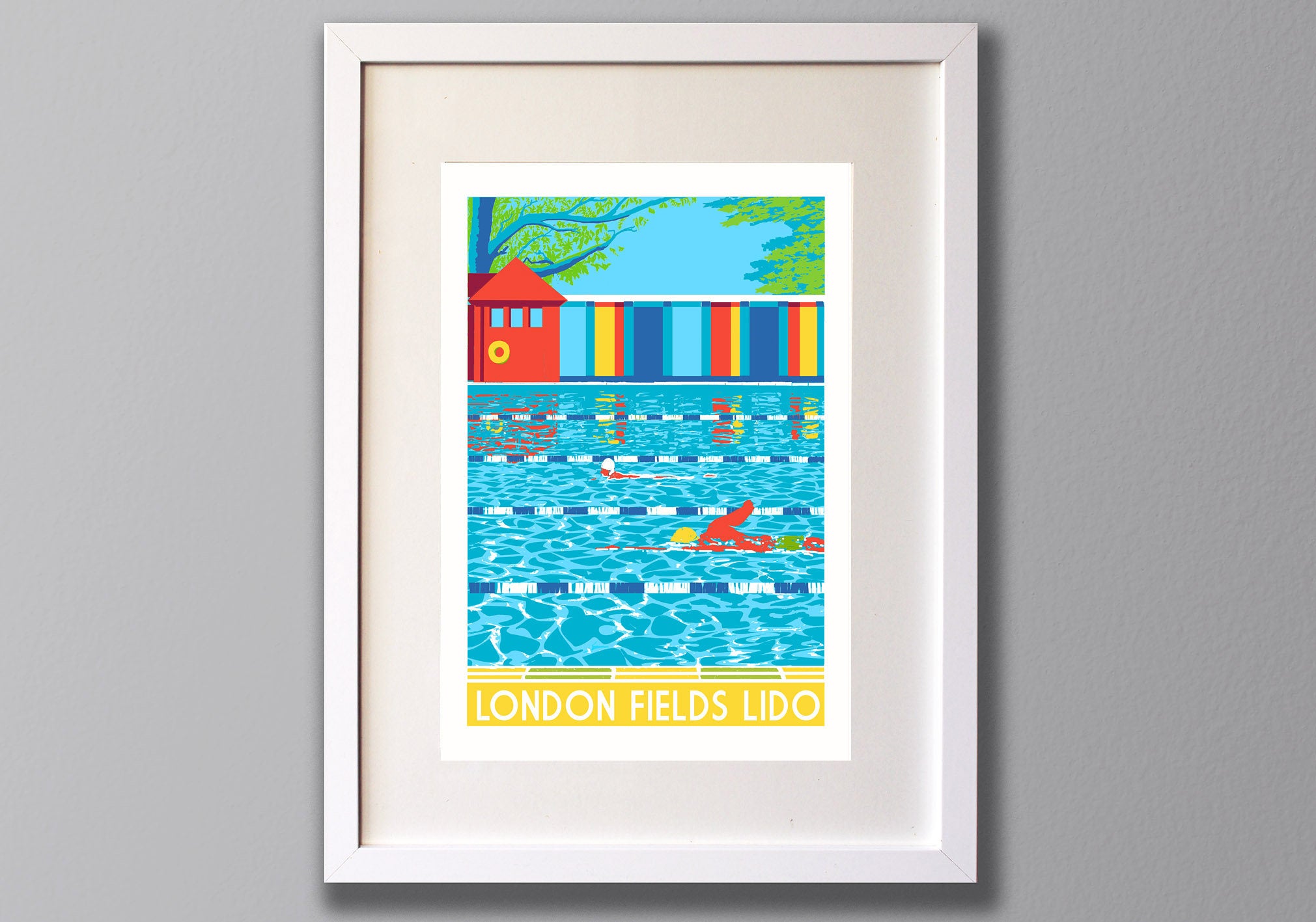London Fields Lido Print - Limited Edition A3 Giclee Art, White Frame - Red Faces Prints