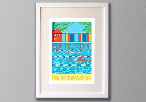 London Fields Lido Print - Limited Edition A3 Giclee Art, White Frame - Red Faces Prints
